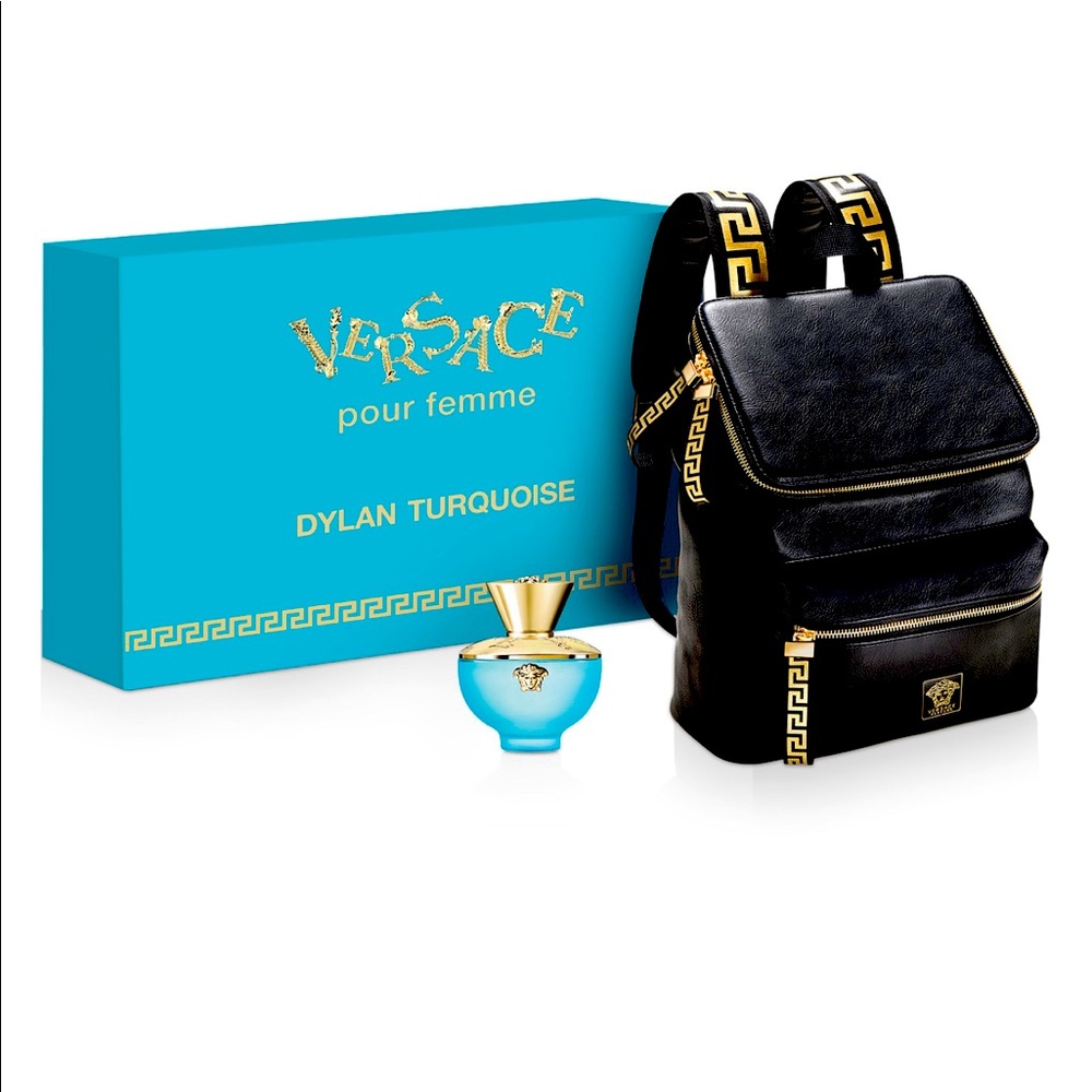 Versace Dylan turquoise gift set perfume and backpack featuring classic Versace